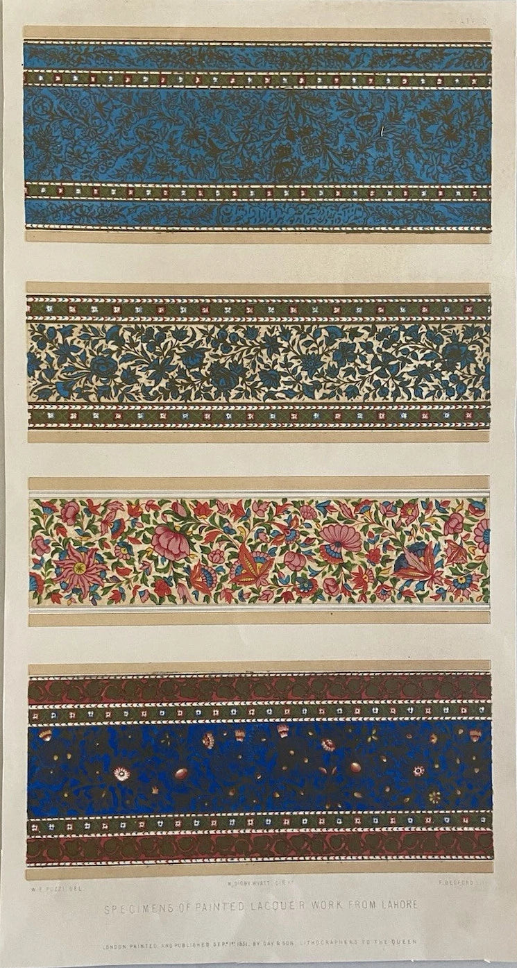 Antique Victorian Textile Print – Painted Lacquer Work from Lahore – 1851