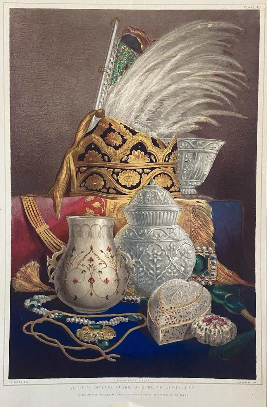 Antique Victorian Engraving  Group of Crystal Vases and Indian Jewellery 1852