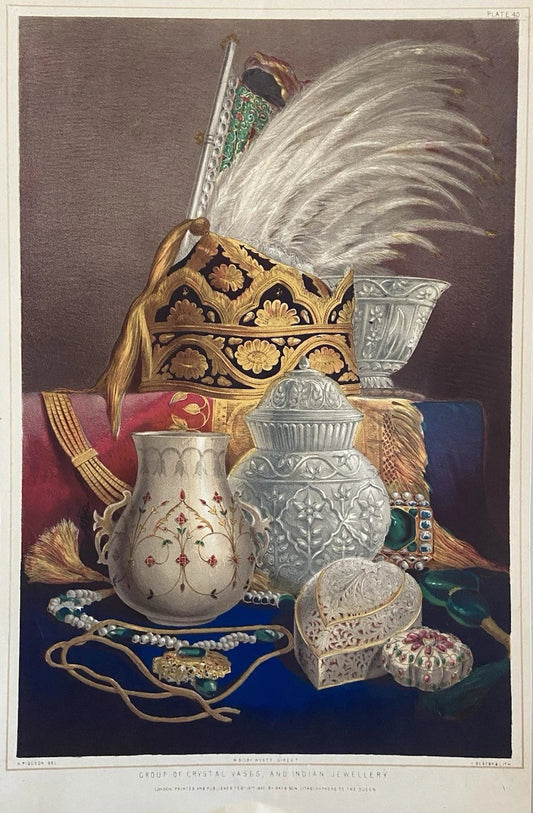 Antique Victorian Engraving  Group of Crystal Vases and Indian Jewellery 1852
