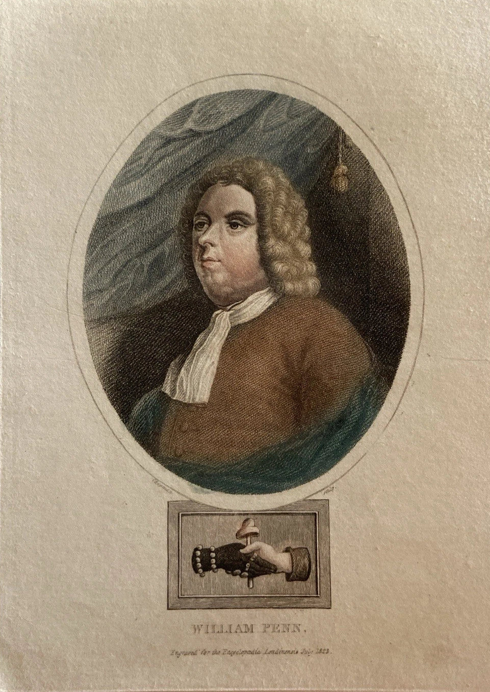 Antique 1823 Engraving of William Penn Founder of Pennsylvania Quaker Statesman