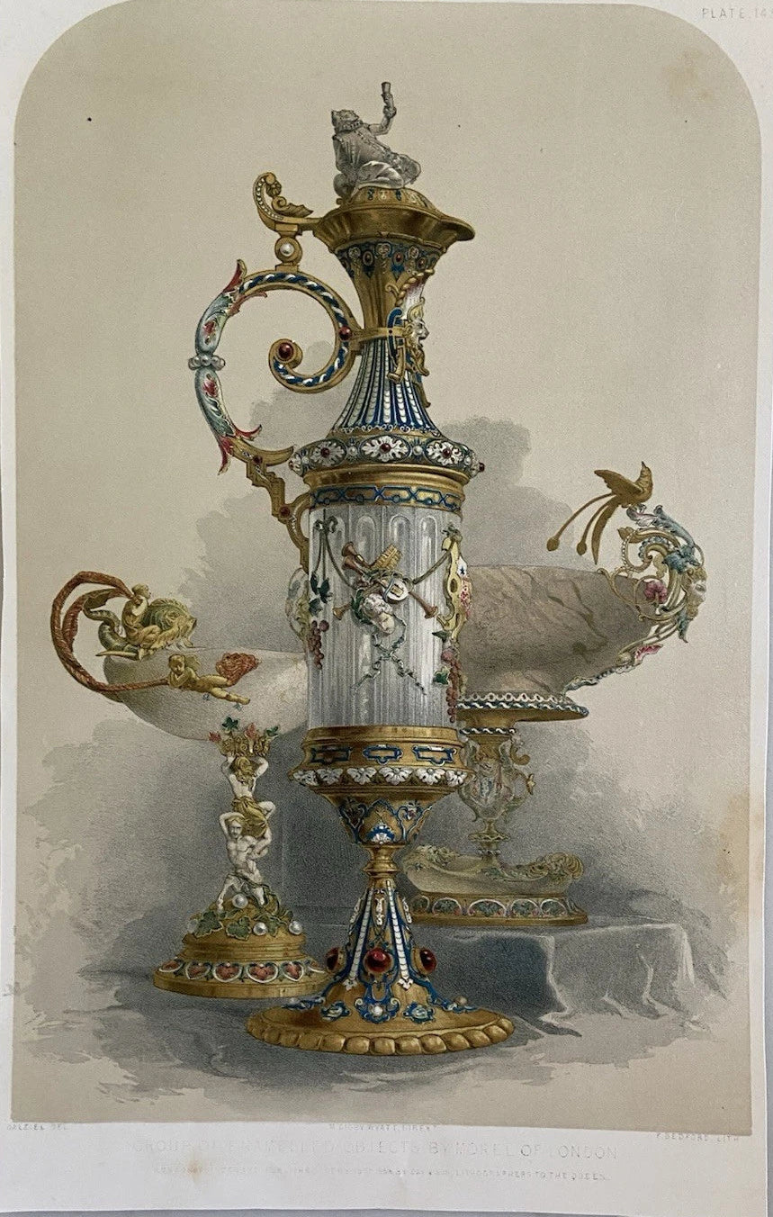Antique Victorian Engraving Group of Enameled Objects by Morel of London 1853