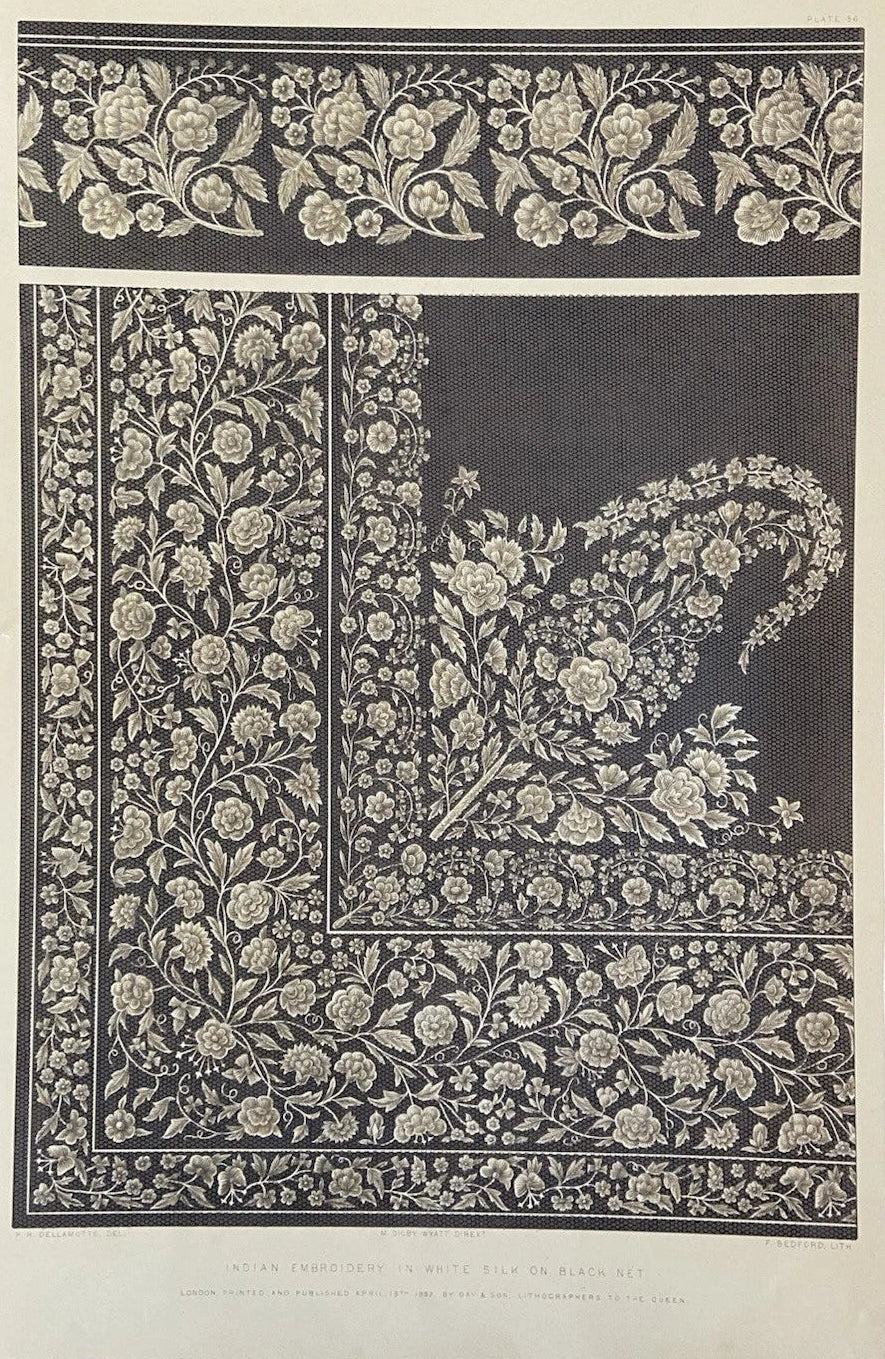 Antique Victorian Textile Print – Indian Embroidery in White Silk on Black Net 1852