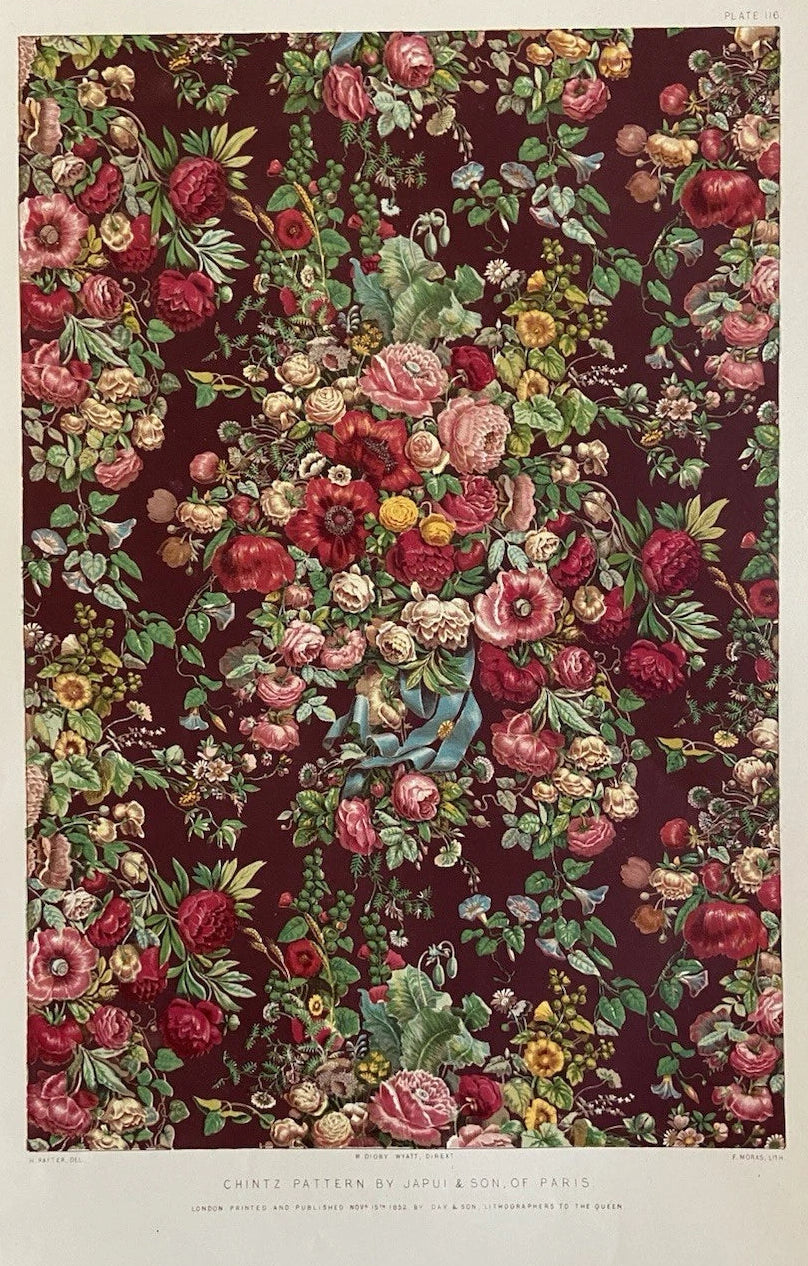 Antique Floral Chintz Pattern Paris Victorian Textile Design print 1852