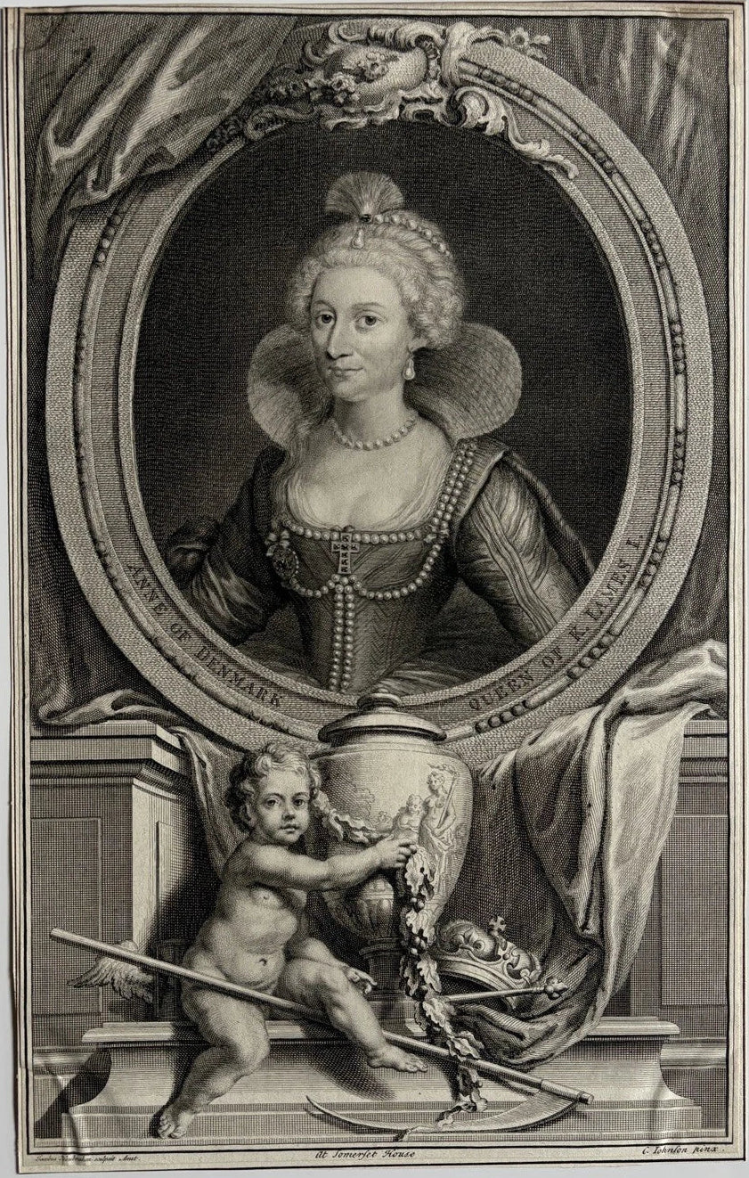 Antique Engraving Anne of Denmark Queen Consort of King James I of Great Britain