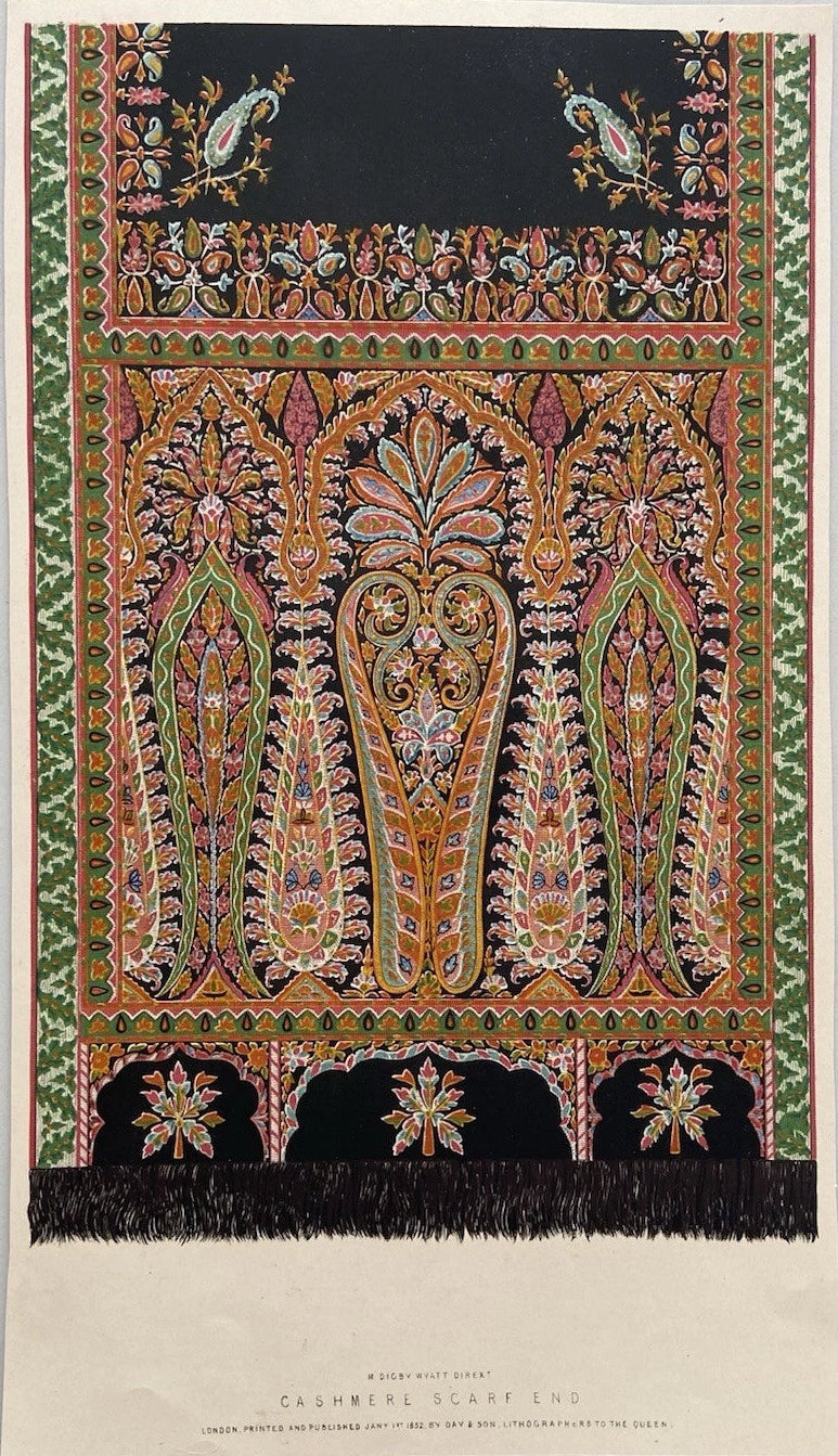 Antique Victorian Textile Print – 1852 Cashmere Scarf End Design