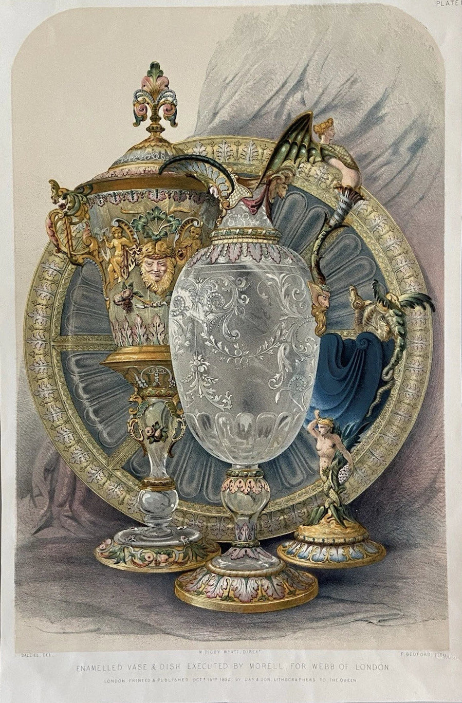 Antique Victorian Engraving 1852 Enamelled Vase and Dish by Morell for Webb of London