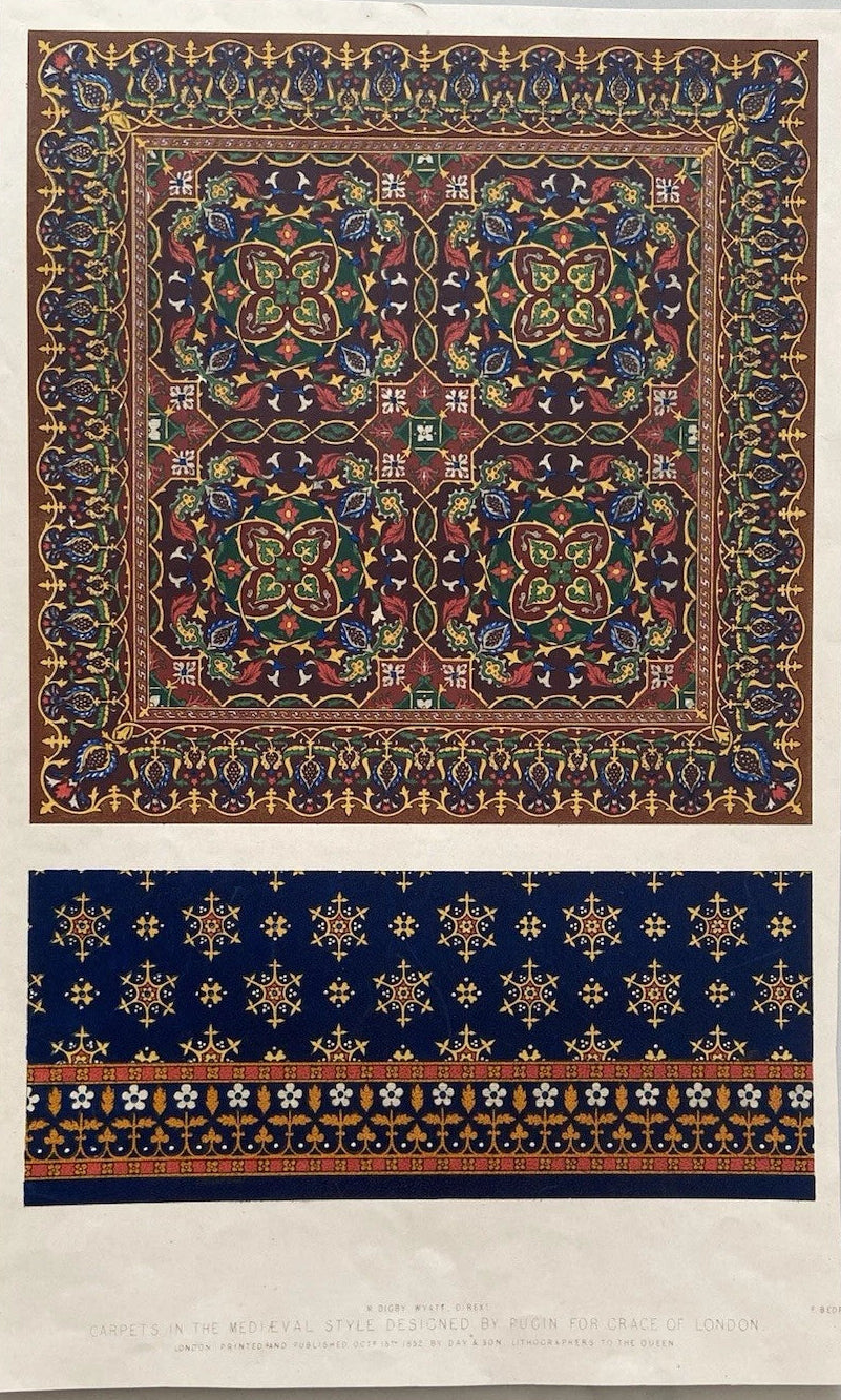 Antique Victorian Textile Print – 1852 Medieval Carpet Designs by Pugin