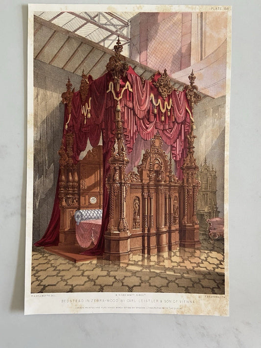 Antique Victorian Textile Engraving 1853 Bedstead in Zebra-Wood by Carl Leistler & Son