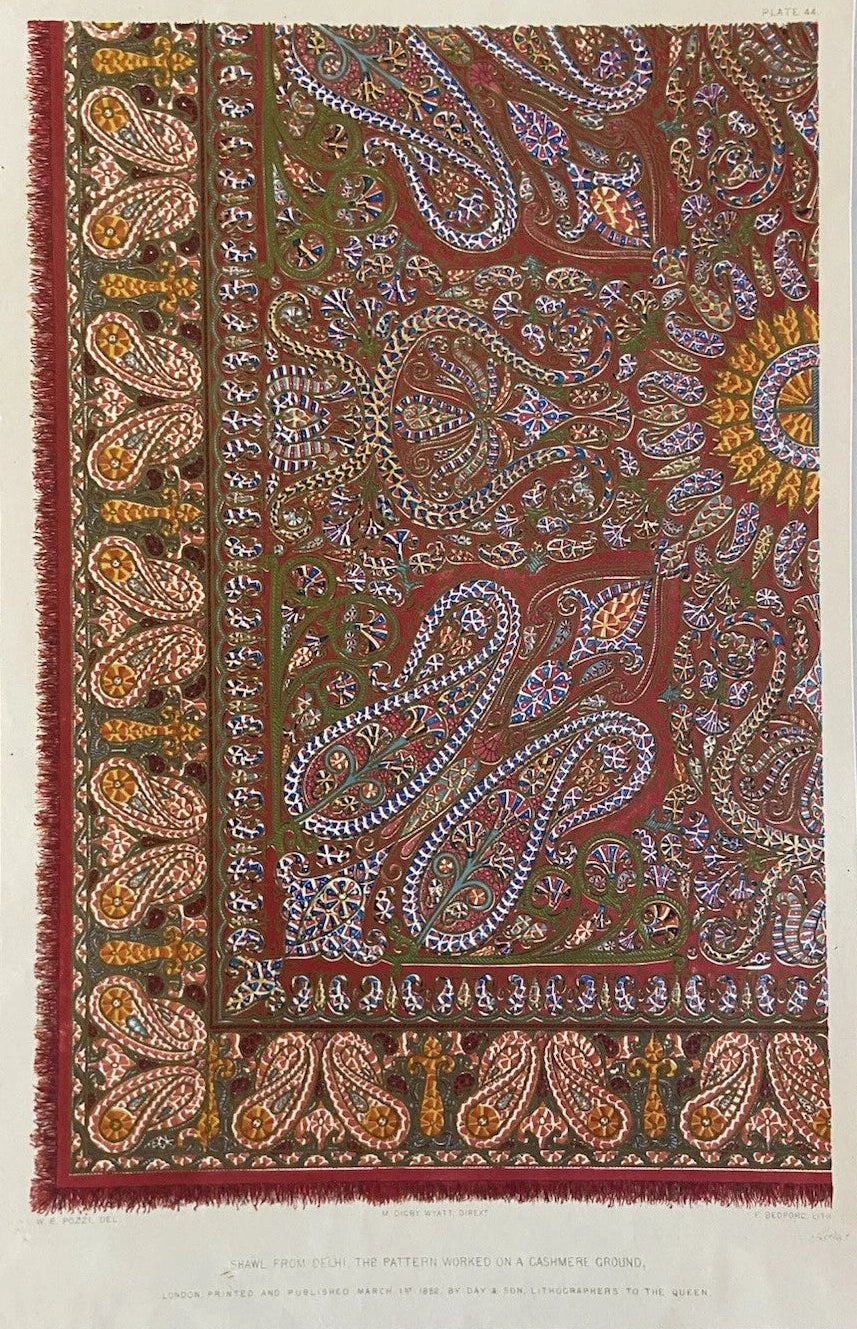 Antique Victorian Textile Print – Shawl from Delhi, Pattern Worked on a Cashmere 1852