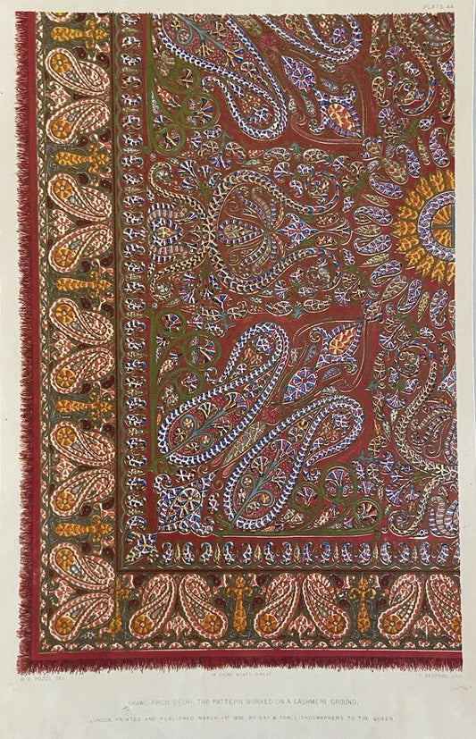 Antique Victorian Textile Print – Shawl from Delhi, Pattern Worked on a Cashmere 1852