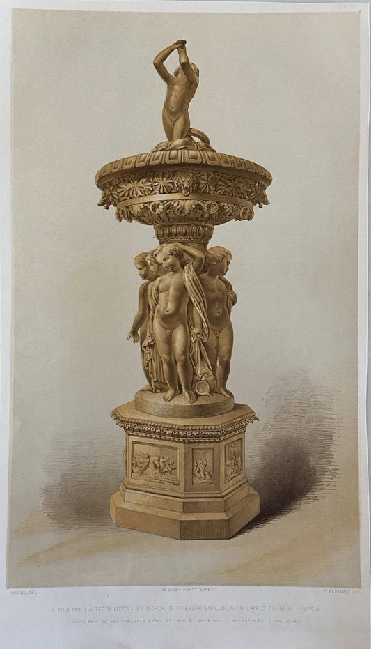 Antique Victorian Engraving Terracotta Fountain by Thiergartenfelde, Prussia 1852