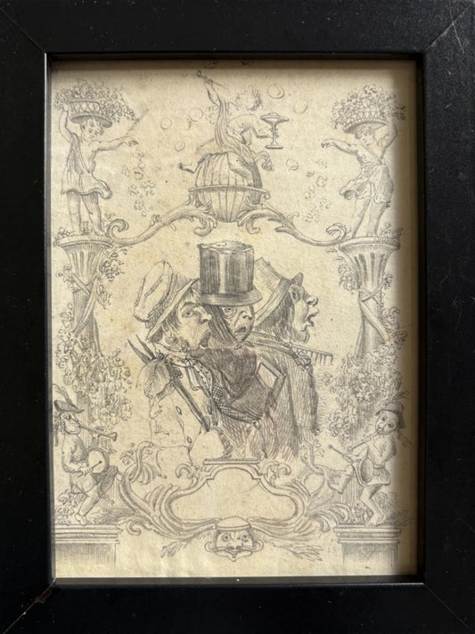 Antique 19th Century  Satirical Caricature Drawing with Theatrical Figures & Putti