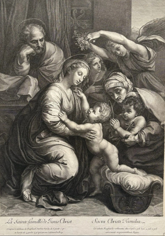 Antique Engraving The Holy Family After Raphael, by Jacobus Frey, Religious Art