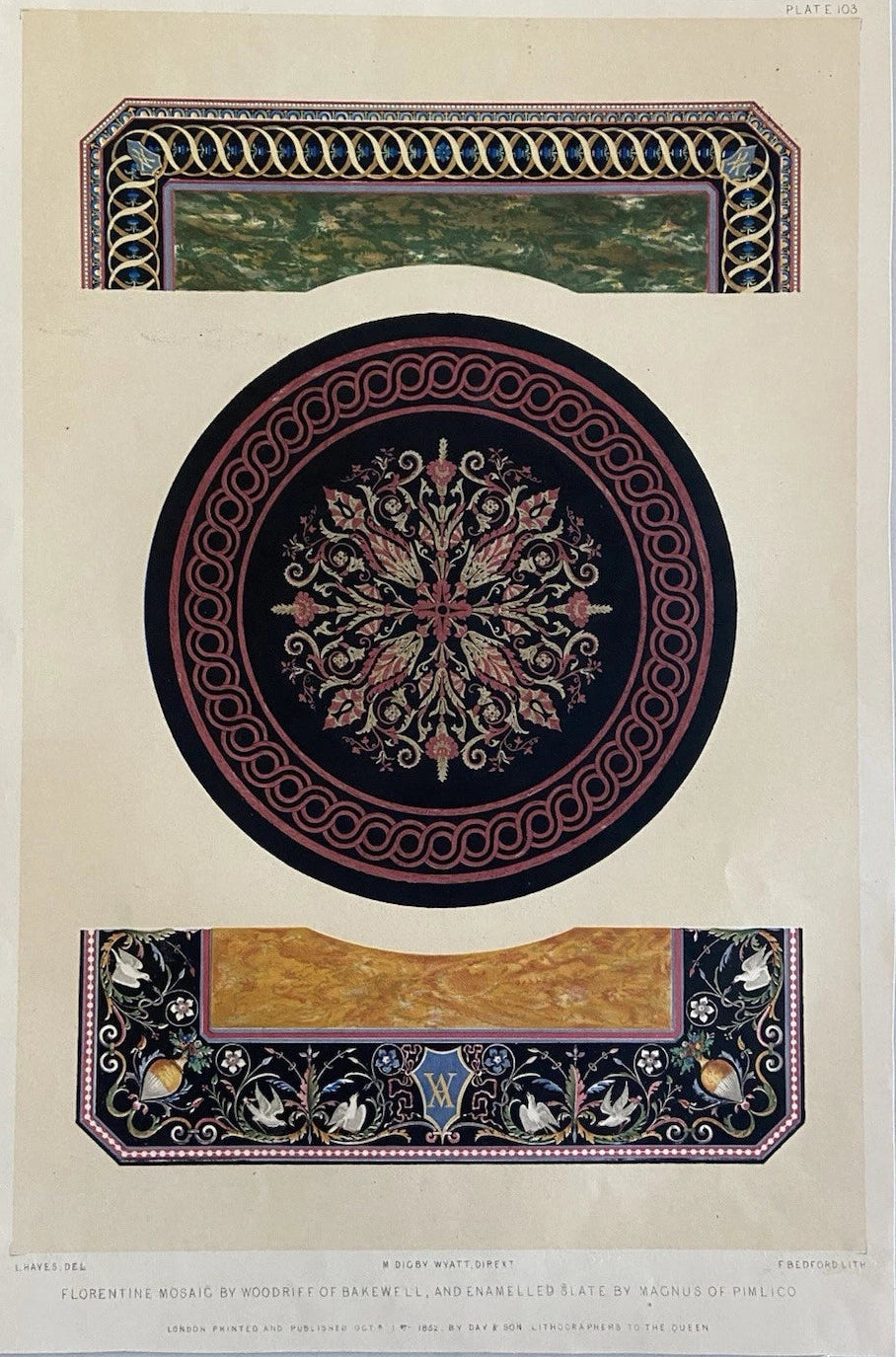 Antique Victorian Florentine Mosaic & Enamelled Slate Design Print – 1852