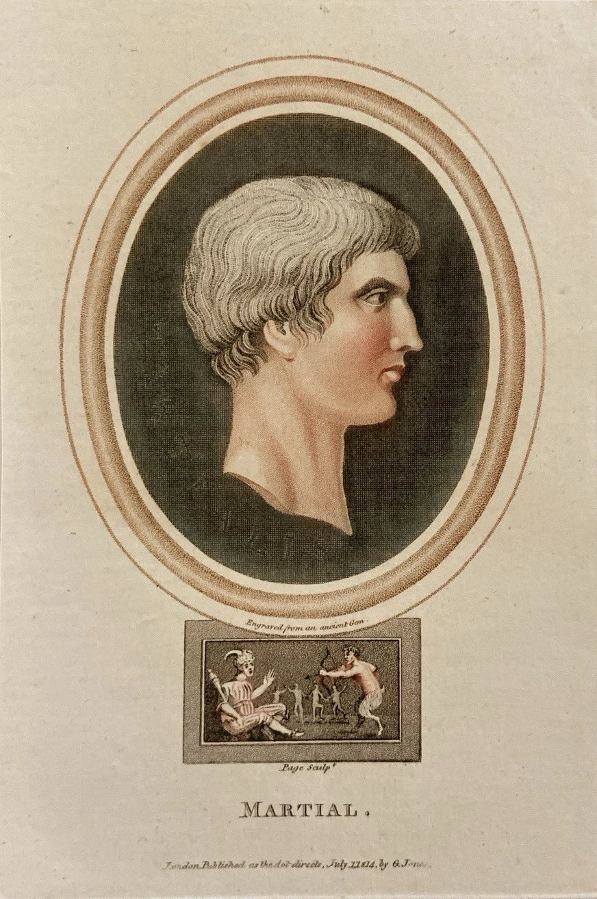 Antique 1814 Engraving of Roman Poet Martial – Classical Cameo Style