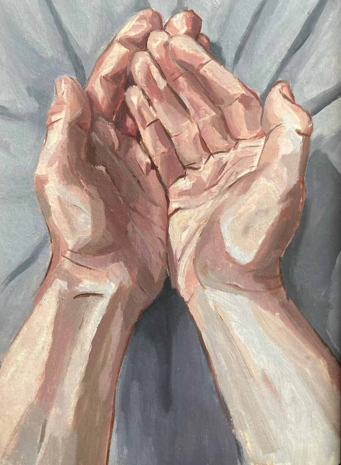 Figurative hands study oil painting on paper in antique frame by Drew Thomson