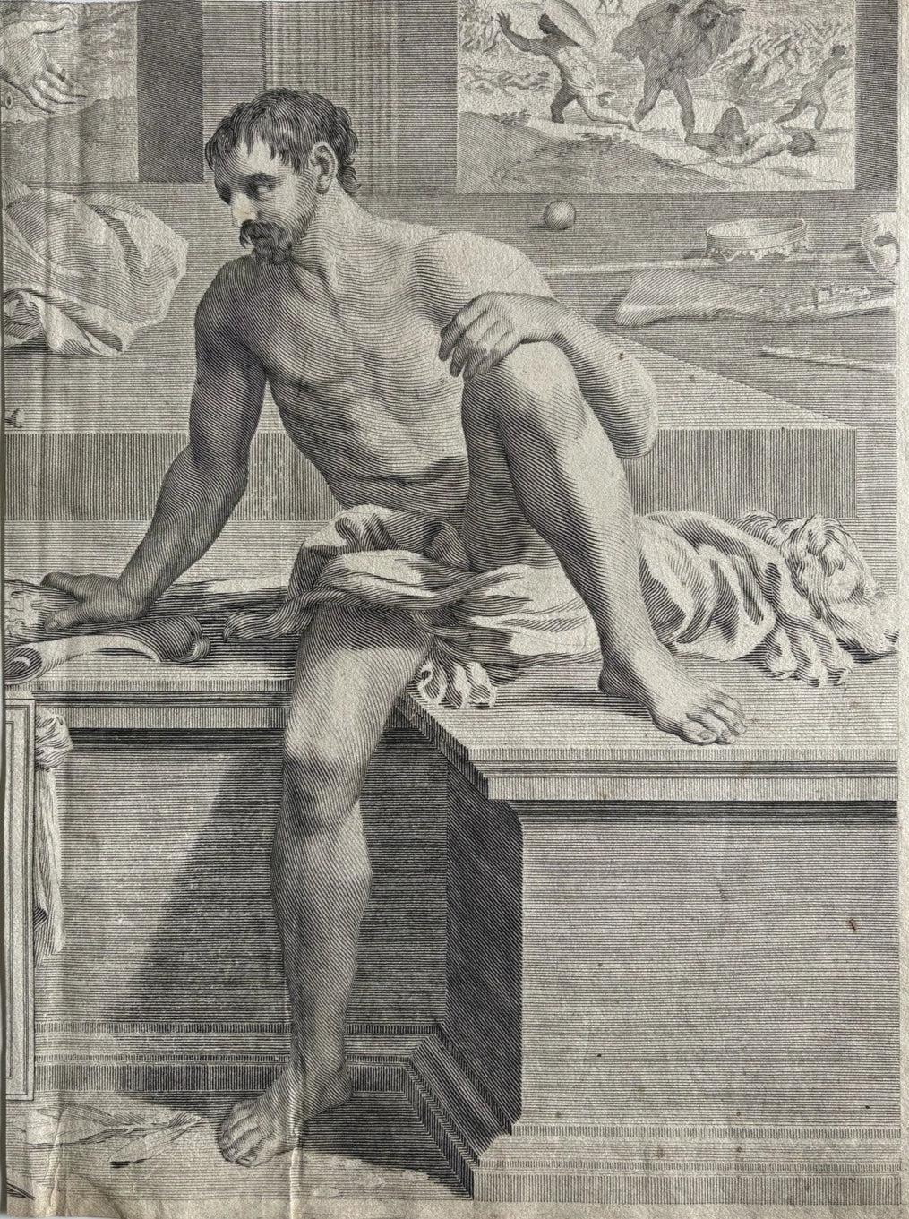 Antique Engraving of a Classical Male Figure  Renaissance Study 1716 (Framed)