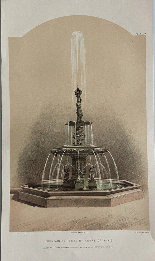 Antique Victorian Engraving  Iron Fountain by André of Paris | Day & Son 1851