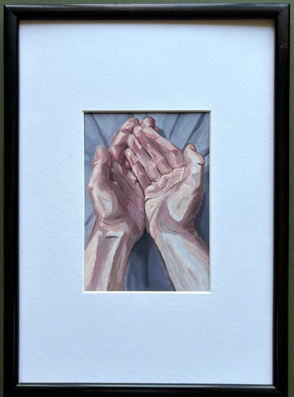 Figurative hands study oil painting on paper in antique frame by Drew Thomson