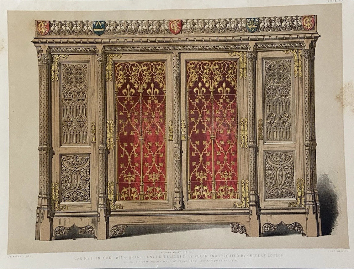 Antique Victorian Engraving  Gothic Oak Cabinet Victorian Furniture Design 1852