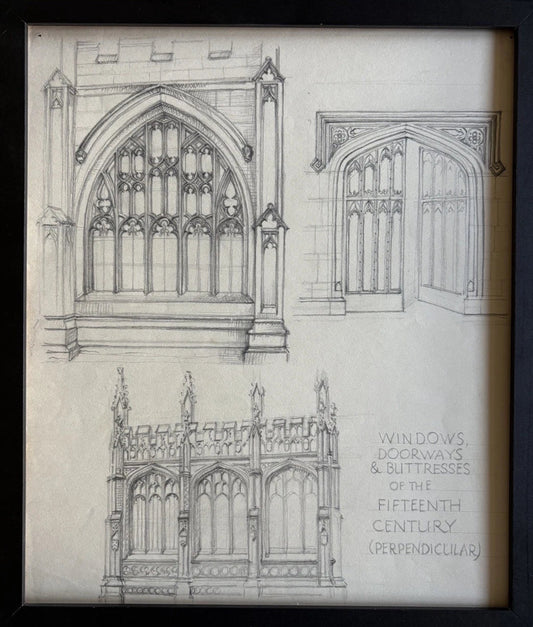 Antique Framed Gothic Architectural Drawing Windows, Doorways Buttresses 15th Century