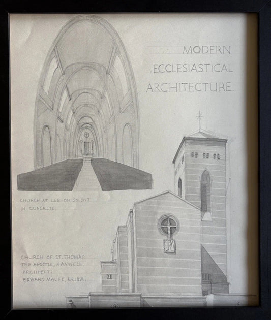 Vintage Framed Modern Architectural Drawing Edward Maufe’s Church of St. Thomas