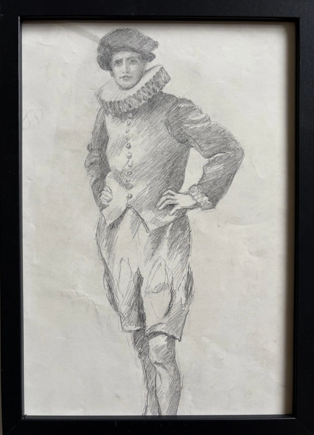 Vintage Renaissance Gentleman in Ruffed Collar Original costume Pencil Drawing