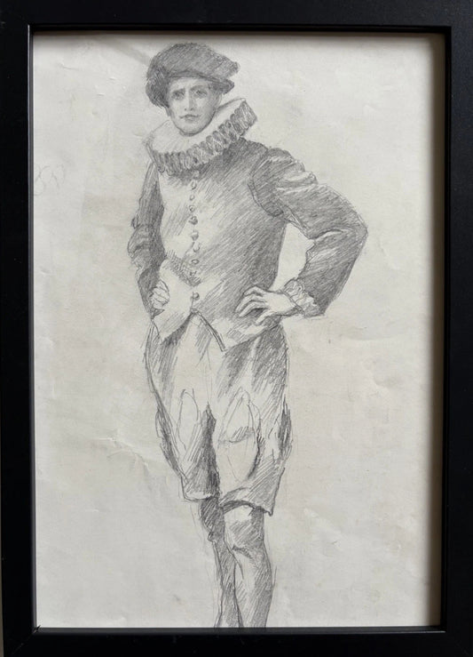 Vintage Renaissance Gentleman in Ruffed Collar Original costume Pencil Drawing
