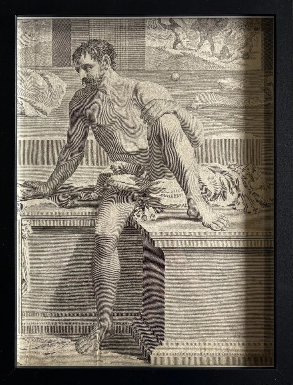 Antique Engraving of a Classical Male Figure  Renaissance Study 1716 (Framed)