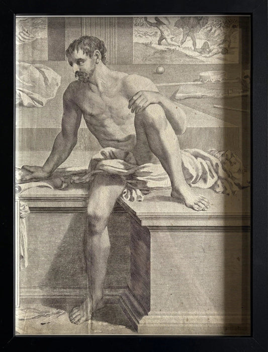 Antique Engraving of a Classical Male Figure  Renaissance Study 1716 (Framed)