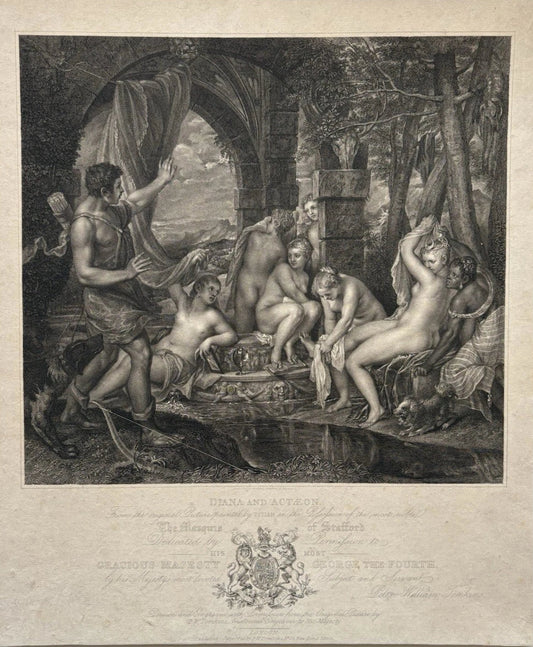 Antique Engraving Titian - Diana and Actaeon, Mythological Scene King George IV