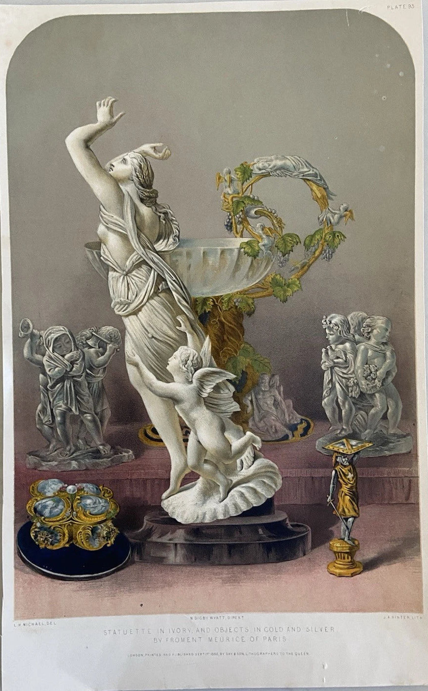 Antique Victorian Engraving 1852 Statuette in Ivory, and Objects in Gold and Silver female figure cupid