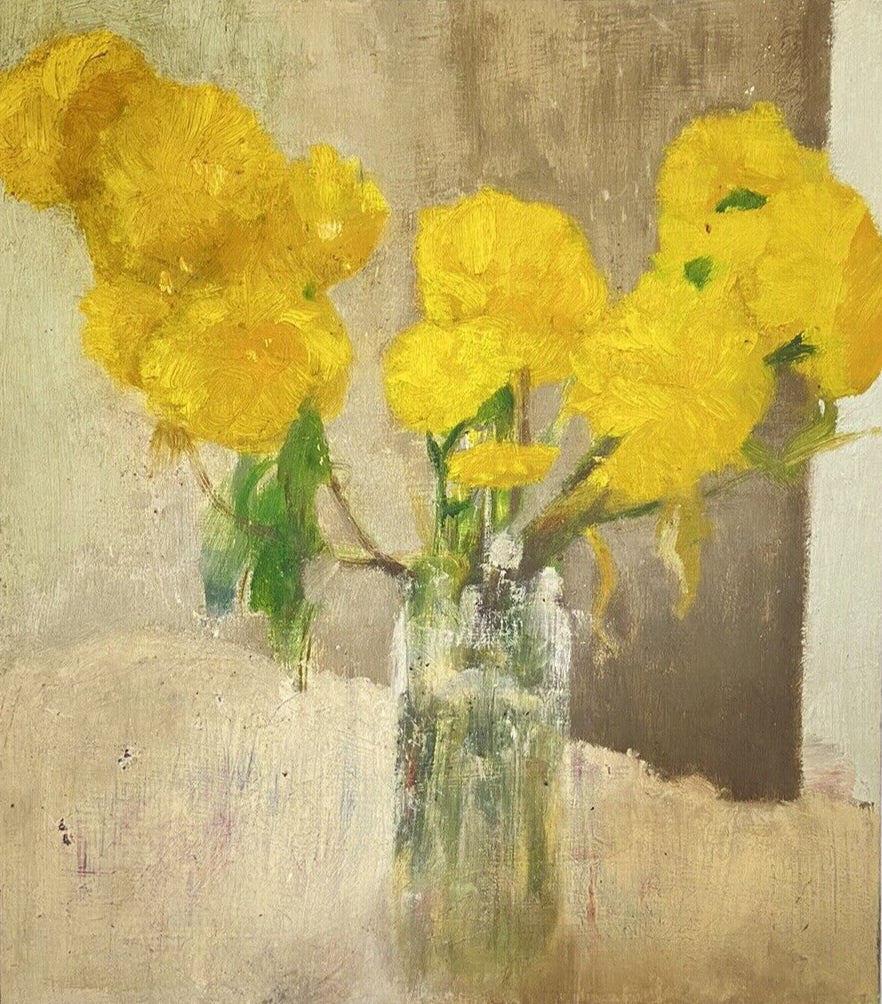 Antique Oil Painting On Wood Yellow Flowers In A Glass Vase