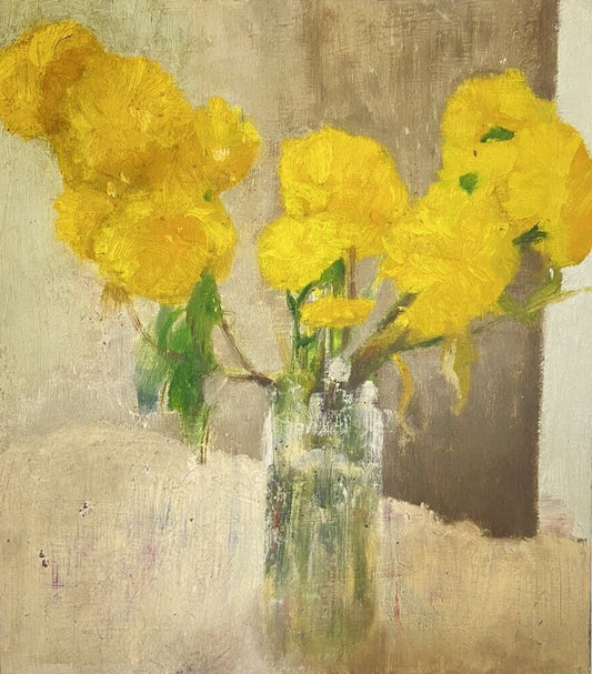 Antique Oil Painting On Wood Yellow Flowers In A Glass Vase