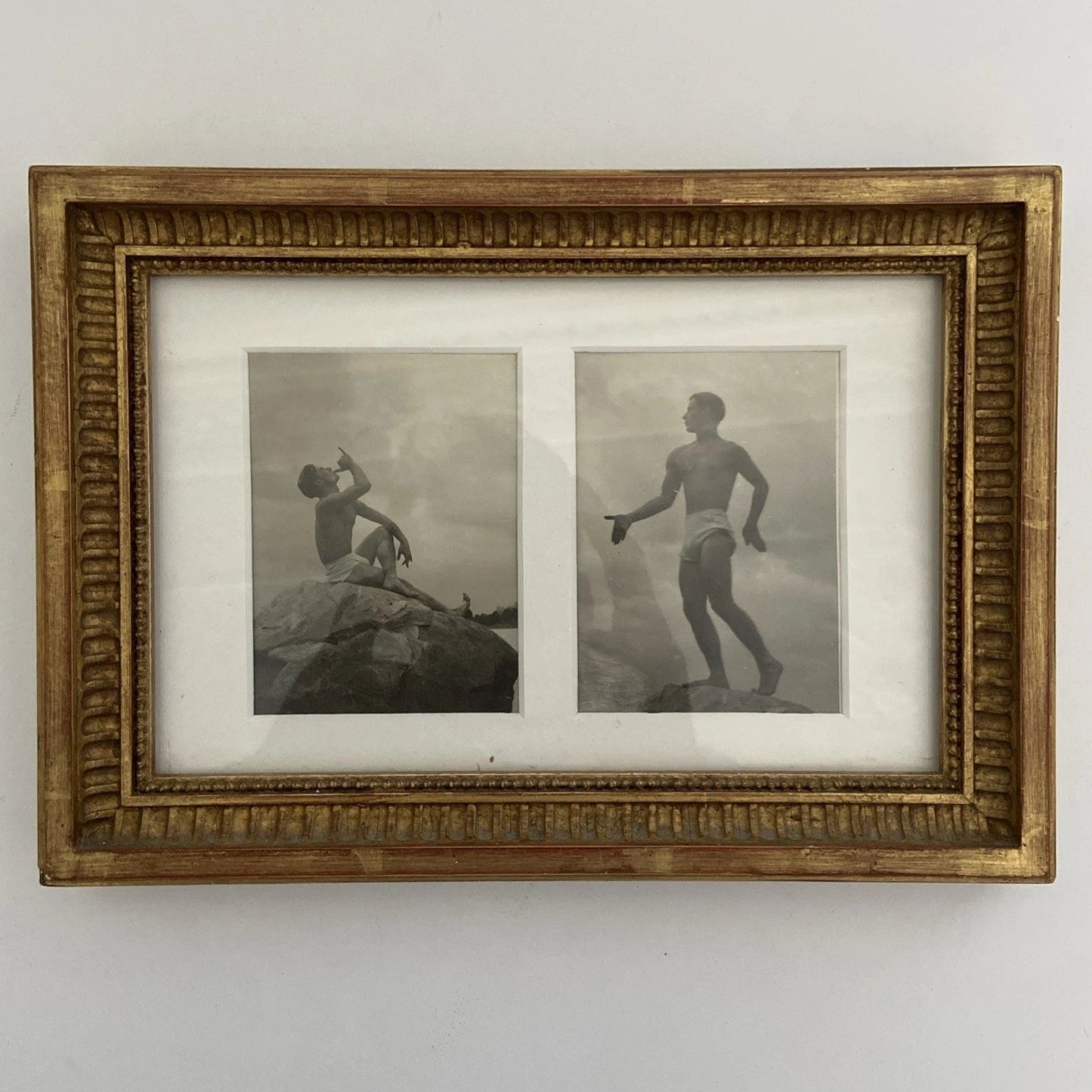 Antique Photograph of Oleg Dunaeff Classical Poses on Rock