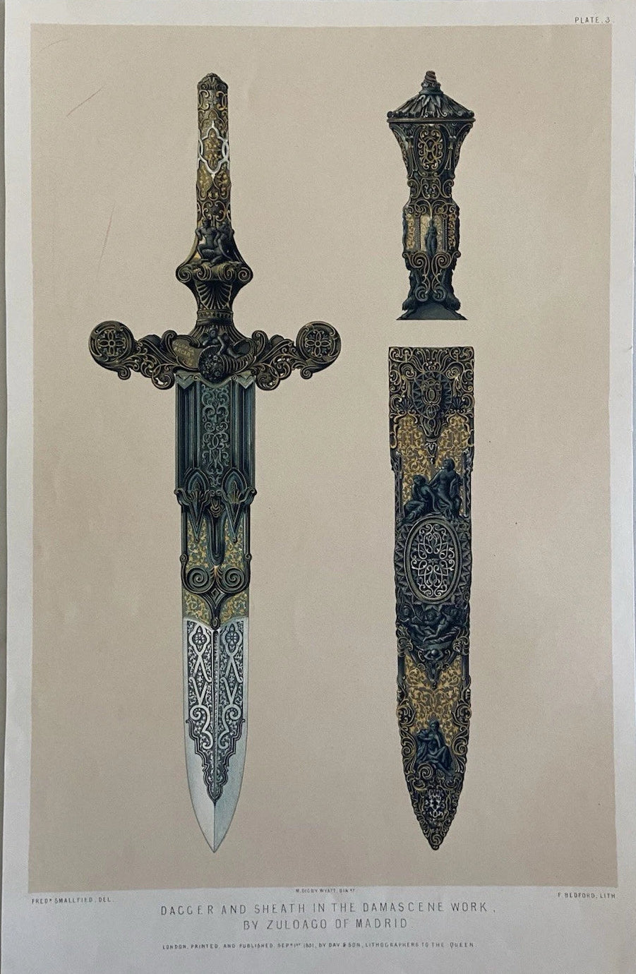 Antique Victorian Engraving 1851v  Dagger and Sheath in the Damascene Work