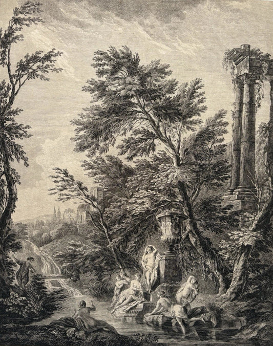 Antique Engraving 18th C. Mountain landscape with ruins seven bathing women
