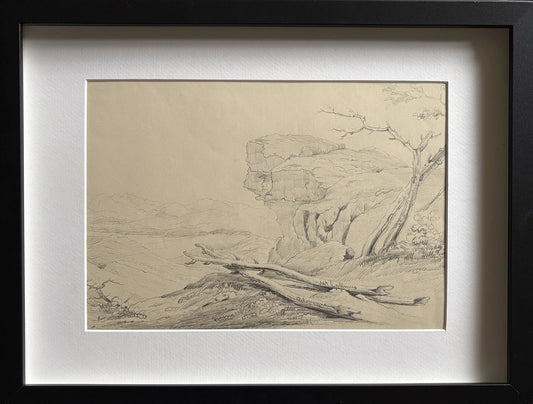 Antique Pencil Landscape Drawing Rocky Cliffside Tree and Mountains