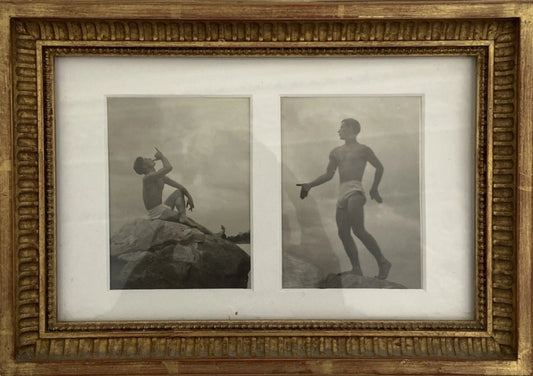 Antique Photograph of Oleg Dunaeff Classical Poses on Rock