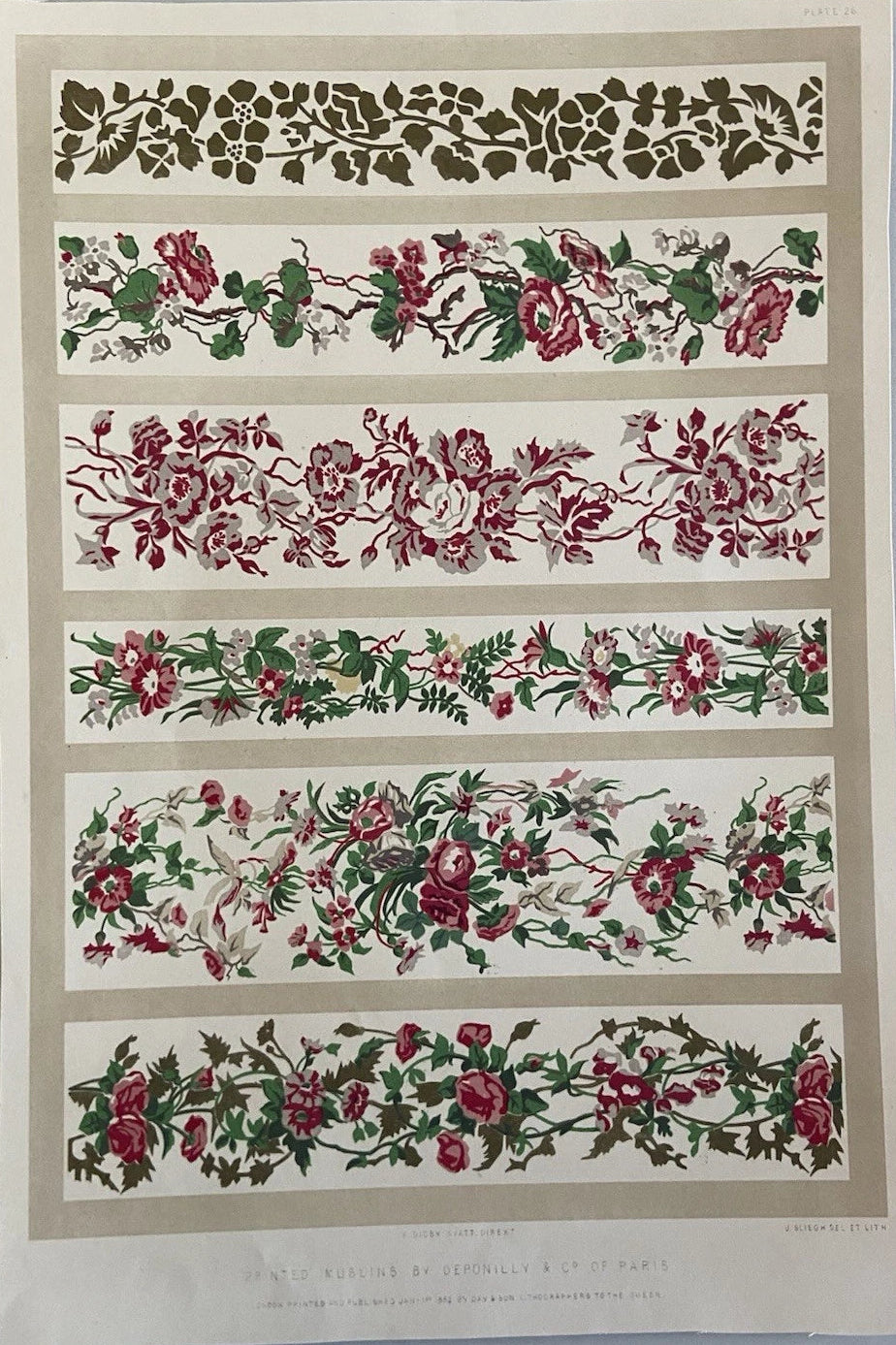 Antique Victorian Textile Print – 1852 Floral Muslin Designs by Deponilly & Co