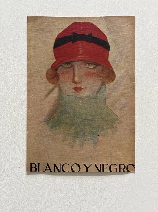 Antique Art Deco Portrait – Blanco y Negro Magazine Cover with Red Cloche Hat