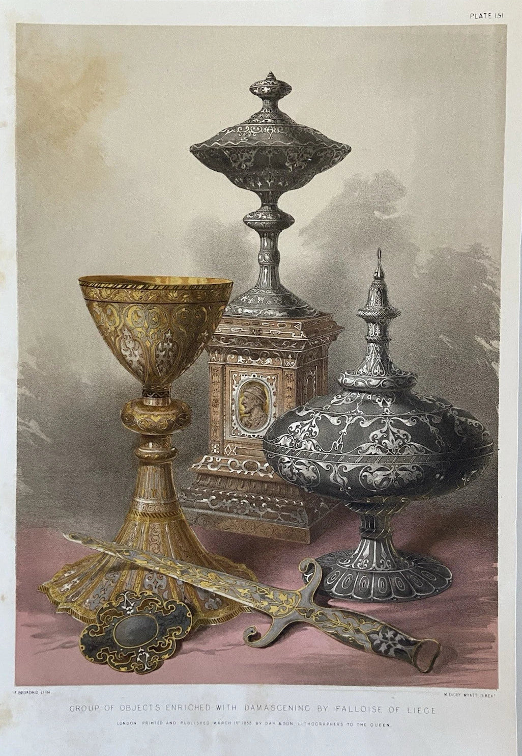Antique Victorian Design Engraving 1853 Group of Objects Enriched with Damascening