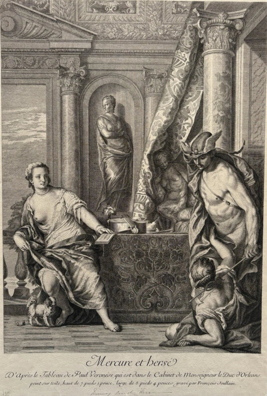 Antique Engraving Mercury and Hersé, After Veronese, by François Joullain 1760
