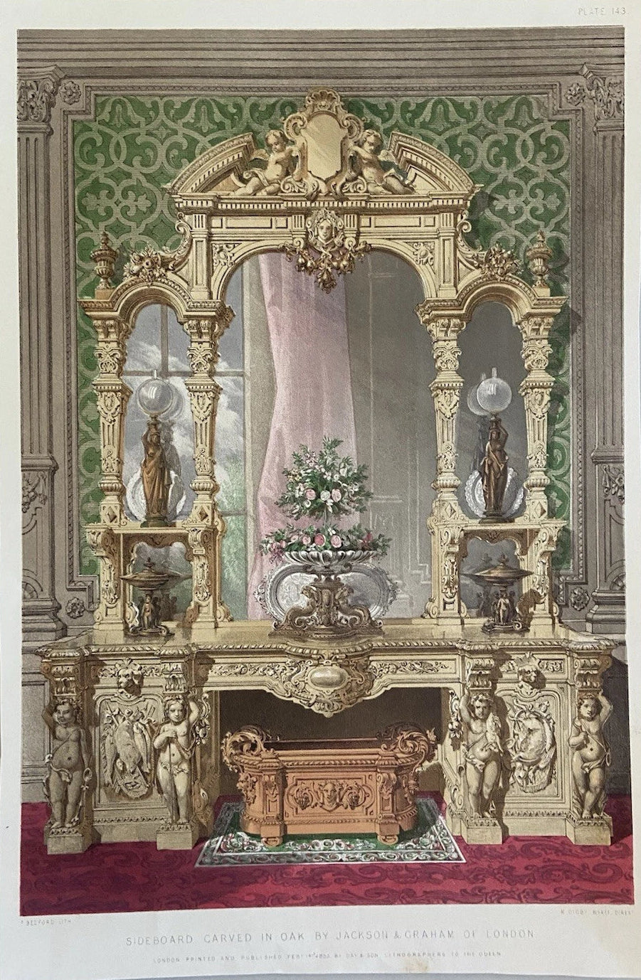 Antique Victorian Engraving 1853 Ornate Oak Sideboard by Jackson & Graham of London