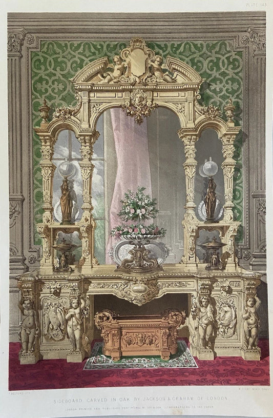 Antique Victorian Engraving 1853 Ornate Oak Sideboard by Jackson & Graham of London