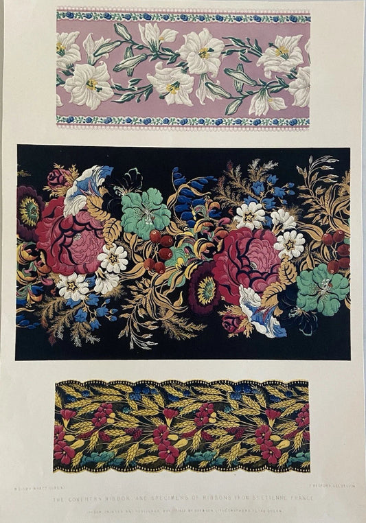 Antique Victorian Textile Print – 1852 Coventry Ribbon & French Ribbon Specimens
