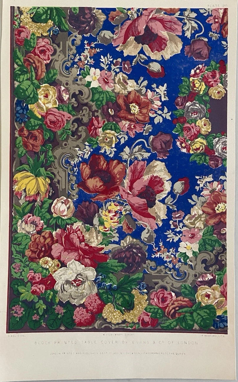 Antique 1852 Floral Table Cover Victorian Block Printed Textile Design