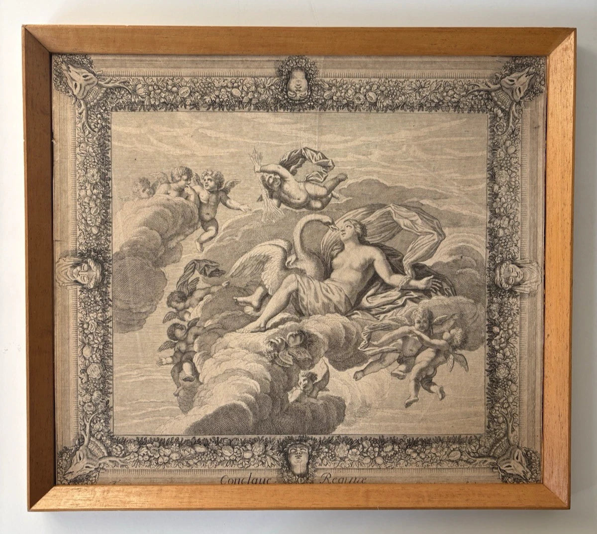 Antique Engraving Greek myth of Leda Queen of Sparta & Swan Jupiter (Zeus) 1675