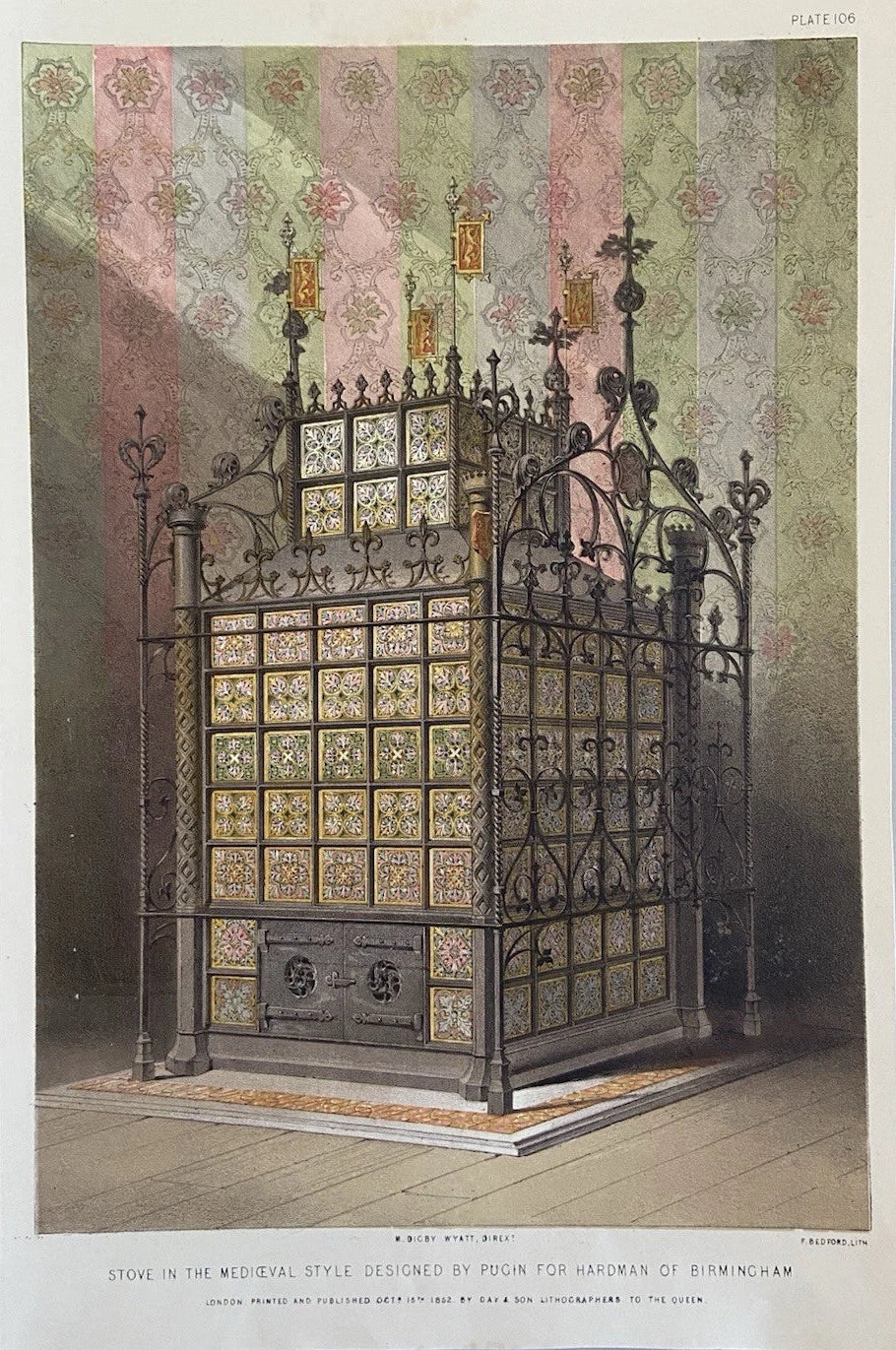 Antique Victorian Engraving  1852 Medieval Style Stove Hardman of Birmingham