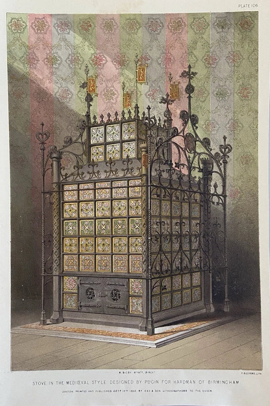 Antique Victorian Engraving  1852 Medieval Style Stove Hardman of Birmingham